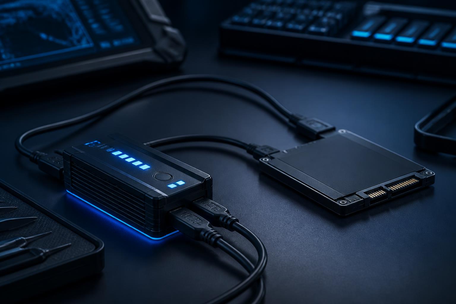 Postazione forense con write-blocker collegato a un'unità SSD