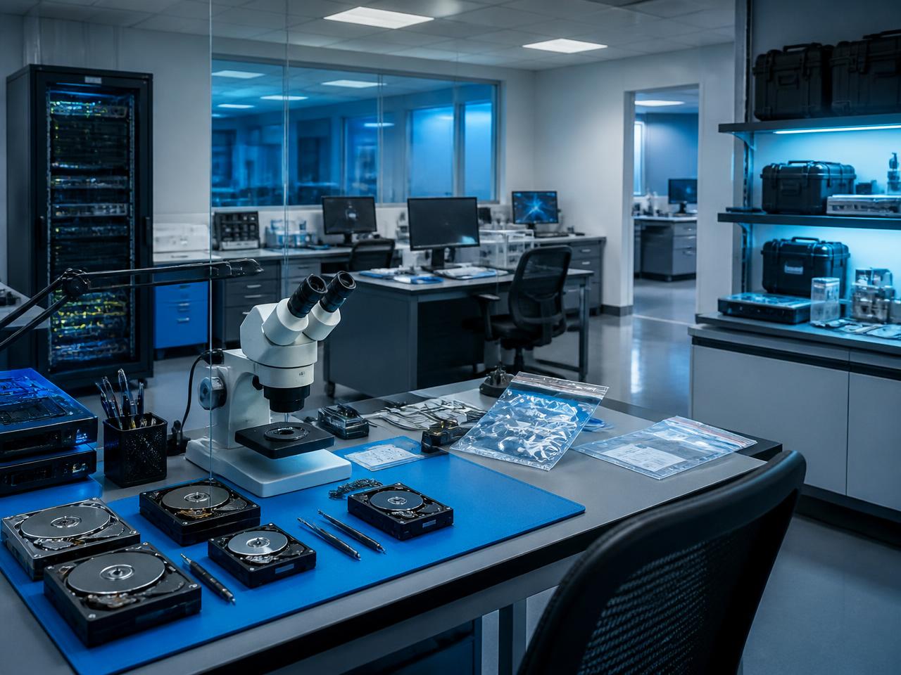 Laboratorio Elecomp a Bolzano con banchi di analisi, hard disk e strumentazione forense
